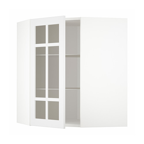 Mueble esquinero blanco con puertas de cristal esmerilado que muestran estantes vacíos.