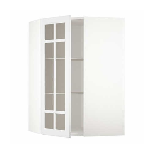 Mueble de cocina esquinero blanco con puerta de cristal y estante regulable.