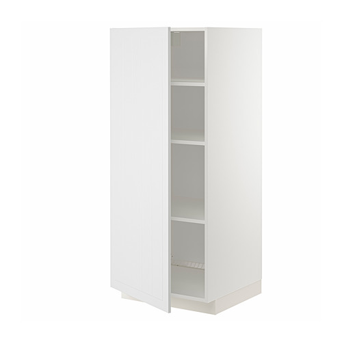 Esta imagen muestra un mueble de cocina METOD blanco con una puerta abierta, revelando tres estantes en el interior.