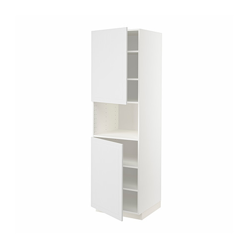 Un mueble de cocina METOD blanco con dos puertas abiertas, con estantes en el interior.