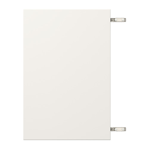 Puerta de armario blanca con dos bisagras plateadas.