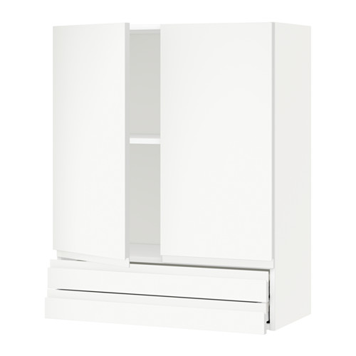 Moderno mueble de cocina blanco con diseño elegante y minimalista y frentes de cajones lisos, con dos puertas y un estante ajustable.