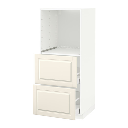 Un mueble de cocina METOD de ikea en color blanco roto con dos cajones y un armario abierto en la parte superior.
