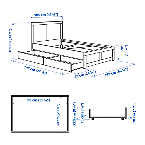 Measurement Illustration - FÅGELFJÄLLET bed frame with 2 storage boxes