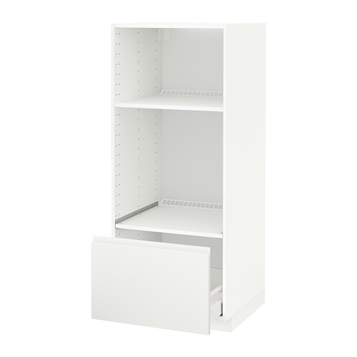 Un mueble de cocina METOD blanco con un solo cajón a la vista y dos estantes.