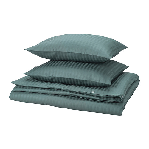 Juego de cama NATTJASMIN, verde, rayas, algodón-lyocell, plegado, elegante.