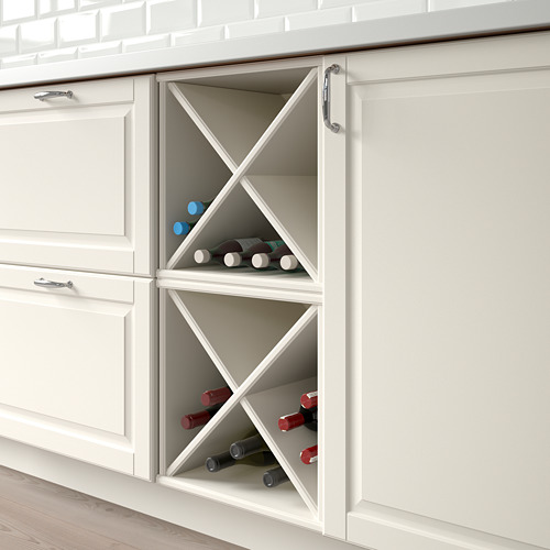 Mueble de cocina blanco con almacenamiento de vinos, con capacidad para 8 botellas, divisores en forma de X para un fácil acceso.