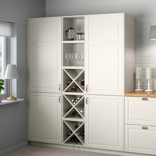 Gabinete de vino blanco con botella abierta y almacenamiento de vidrio, encaja perfectamente en la cocina.