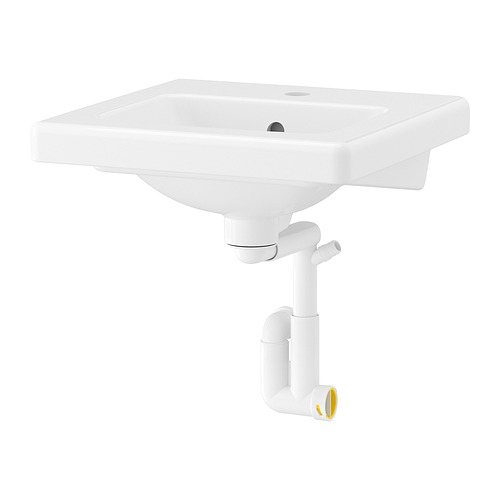 Un lavabo TVÄLLEN blanco de forma cuadrada y bordes lisos, fabricado en cerámica. Incluye una trampa de agua y viene con una garantía de 10 años.