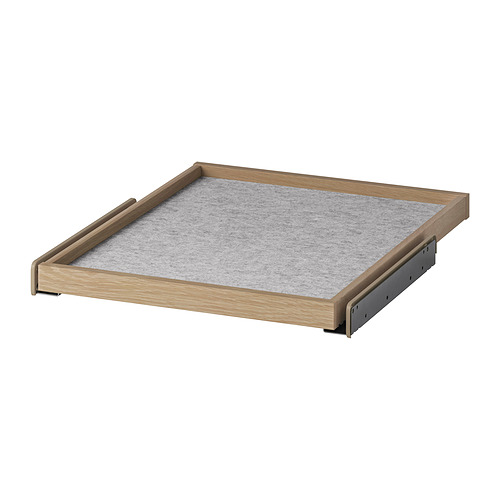 Bandeja extraíble KOMPLEMENT, madera clara, gris mate, forma cuadrada, diseño sencillo.
