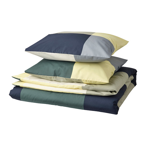 Juego de cama BRUNKRISSLA; cuadrados azules, beige, verdes; algodón-viscosa; rectangular con fundas de almohada.