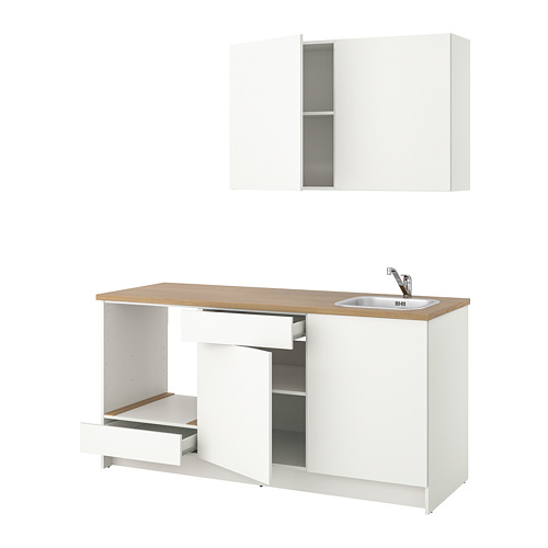 Moderno mueble de cocina blanco con encimera de madera, un solo fregadero, cajones y armario. Diseño compacto pero funcional que ahorra espacio.
