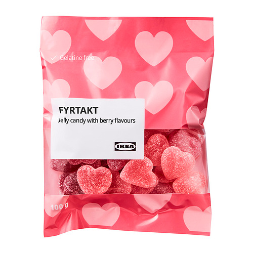 Bolsa de caramelo de gelatina IKEA FYRTAKT con sabor a bayas, en forma de corazón, sin gelatina.
