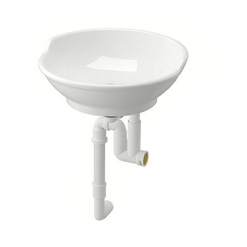 Lavabo redondo de cerámica blanca de diseño tradicional, con respaldo elevado y fontanería de soporte.