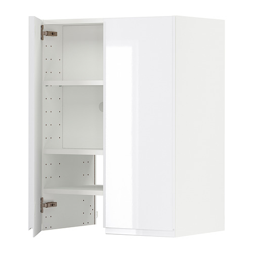 Mueble de cocina METOD blanco de alto brillo con estantes ajustables y puerta reversible, diseño moderno.