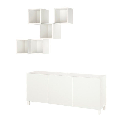 Muestra una combinación de almacenamiento BESTÅ blanco con estantes y armarios para la organización del hogar.