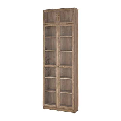 Librería alta BILLY, marrón claro, material similar a la madera, rectangular, puertas de vidrio.