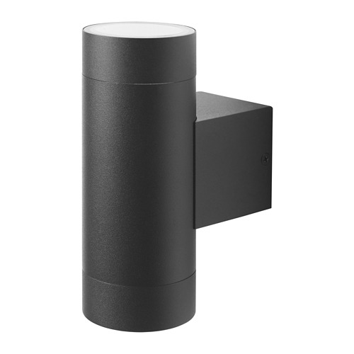 Lámpara de pared negra, forma cilíndrica moderna, dos fuentes de luz, uso en exteriores.