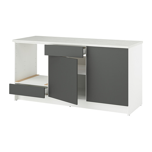 Muebles de cocina KNOXHULT: base blanca y gris, dos cajones, dos armarios, encimera efecto mármol.