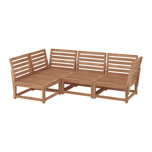 Conjunto de muebles de exterior NÄMMARÖ en madera natural. Cuatro tramos unidos con diseño de listones horizontales. Ideal para relajarse en el patio.
