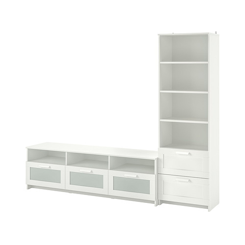 Un combo de mueble de TV y estantería blanca con cajones y estantes.