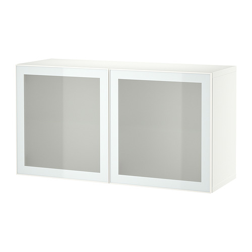 Un armario de almacenamiento BESTÅ blanco con dos puertas de vidrio esmerilado. Tiene un diseño elegante y rectangular adecuado para espacios modernos.
