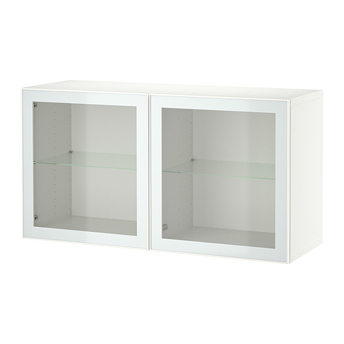 Mueble de almacenaje BESTÅ blanco, forma rectangular con 2 puertas de cristal, dos estantes en el interior.