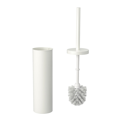 Escobilla y soporte de inodoro blancos, diseño minimalista, materiales reciclados.