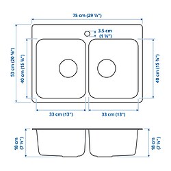 Ilustración de medidas - LÅNGUDDEN fregadero doble empotrado y tapón con filtro 