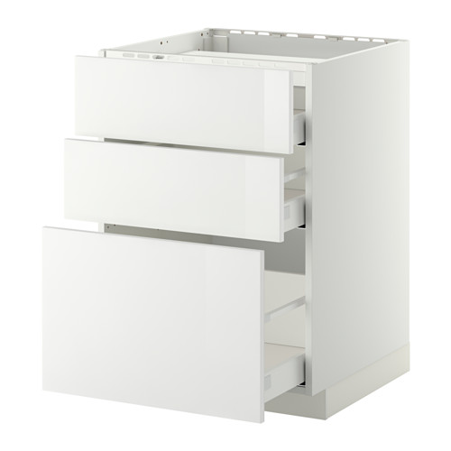 Mueble de cocina moderno blanco, serie METOD, con tres cajones, diseño elegante y minimalista, fabricado en tablero de fibra y acero.