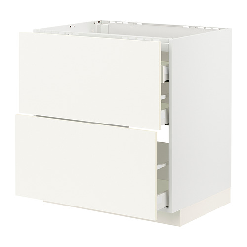Mueble de cocina blanco, diseño moderno, dos cajoneras, elegante y minimalista, parte de la serie METOD de ikea.