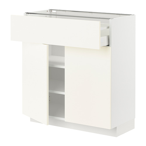 Mueble de cocina METOD blanco, rectangular con estante y cajón abiertos, estantes ajustables, diseño moderno y elegante.