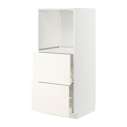 Un juego de armarios de cocina METOD blanco con cajones y estantes. Tiene un diseño elegante y moderno con estantes ajustables y cajones que se deslizan suavemente.