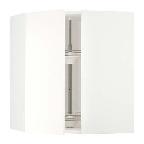 Mueble de cocina esquinero blanco METOD con estantes de vidrio ajustables.