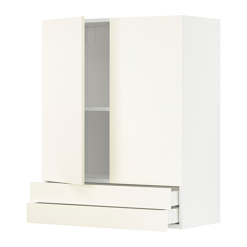 Un mueble de cocina METOD blanco con cajones y estantes. Tiene un diseño moderno y elegante con superficies lisas y un asa horizontal en el cajón.