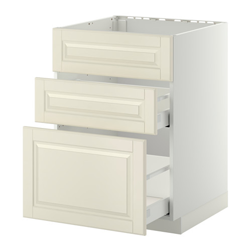 Mueble de cocina METOD blanco con 3 cajones bodbyn blanco roto, bordes biselados, forma rectangular lisa, guías de cajones grises.