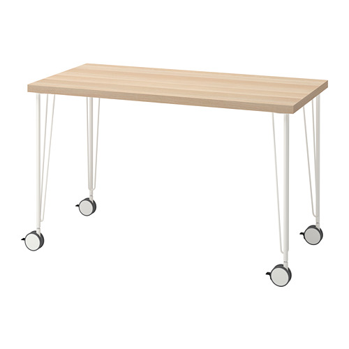 LAGKAPTEN: escritorio de madera clara con patas blancas y ruedas negras. Diseño sencillo y moderno.