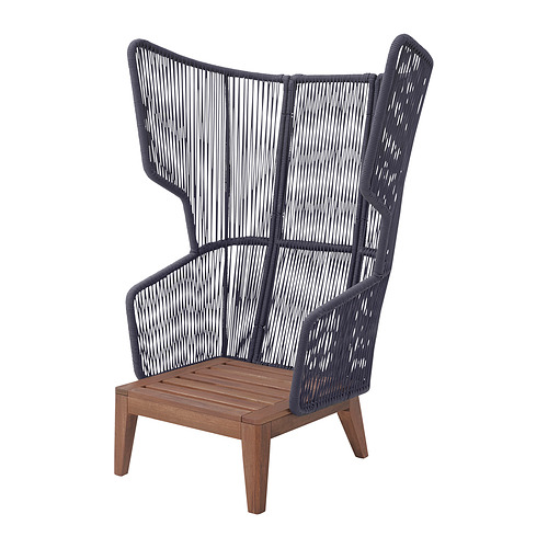 Silla VINGSÖN: cuerda negra, base de madera, respaldo alto, uso exterior/interior.