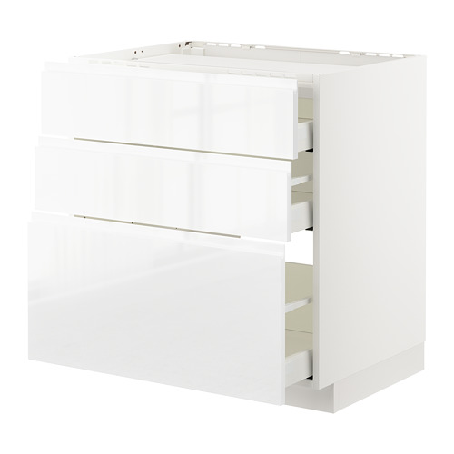 Mueble de cocina blanco de alto brillo con tres cajones y espacio empotrado en horno/fregadero.