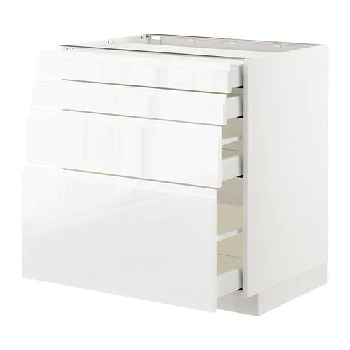 Mueble de cocina moderno blanco, acabado brillante, con tres cajones metálicos de cierre liso.