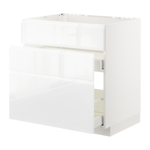 Exhibe un mueble de cocina METOD blanco con un diseño elegante y moderno y caras de cajón lisas.