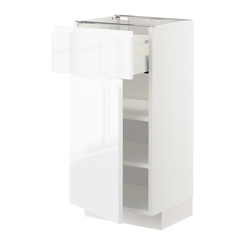 Moderno mueble de cocina METOD totalmente blanco con cajones y estantes, elegante acabado de alto brillo.