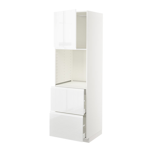 Mueble de cocina blanco alto brillo METOD con cajones y estante abierto.