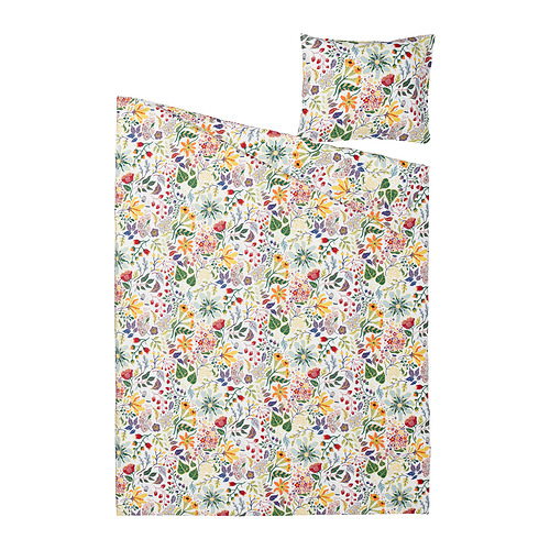 Set nórdico STRANDLUMMER, diseño floral, base blanca, flores de colores, 100% algodón, incluye funda nórdica y funda de almohada.