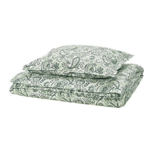 Conjunto de edredón y fundas de almohada de cachemira verde, rectangular, mezcla de algodón y viscosa con intrincados patrones de hojas.