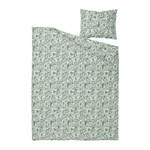 Juego de edredón y funda de almohada de cachemira RODGERSIA. Verde, blanco, viscosa de algodón. Forma rectangular. Intrincado patrón de cachemira.