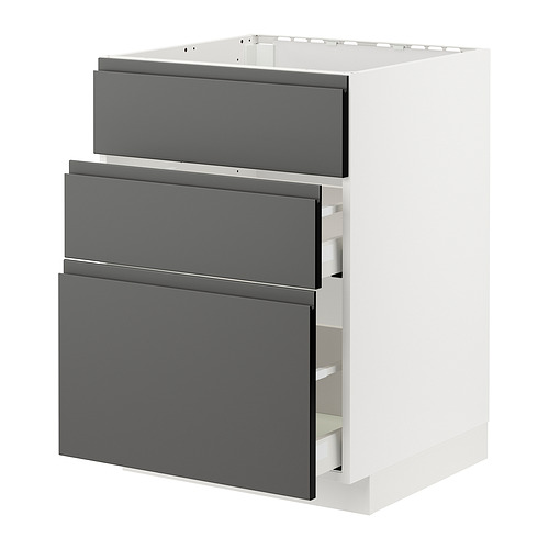 Mueble de cocina moderno: METOD con 3 cajones voxtorp gris oscuro, base blanca, diseño elegante.