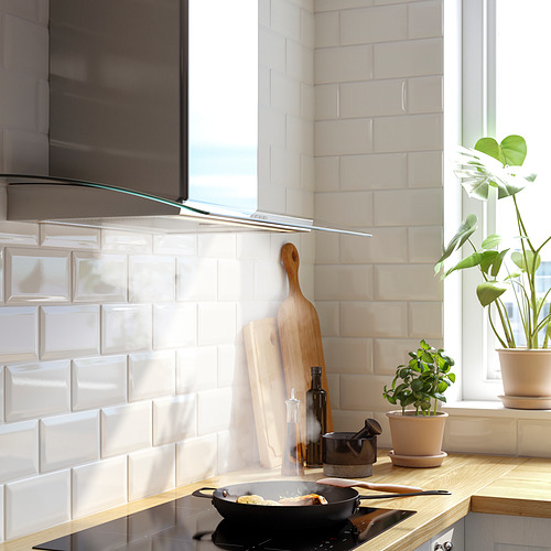 Cocina moderna con campana de acero inoxidable, borde de vidrio, encimera de madera, plantas y sartén.