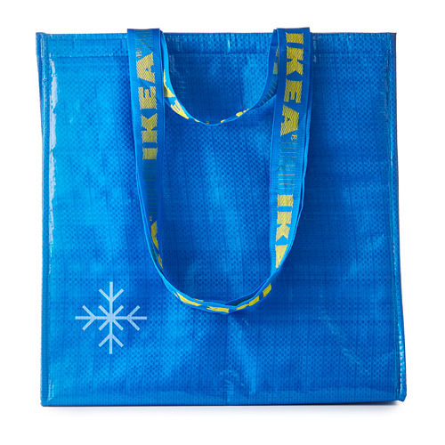 Bolsa de la compra reutilizable azul con asas amarillas y logotipo de copo de nieve blanco. Fabricado a partir de polipropileno y poliéster reciclados.