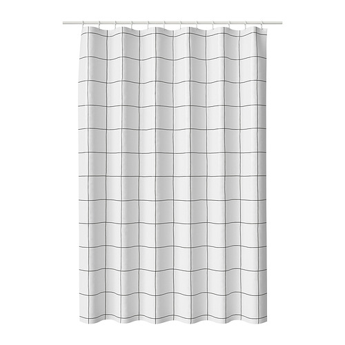 Cortina de ducha JÄMTSTARR blanca, líneas de rejilla, poliéster reciclado, repelente al agua.